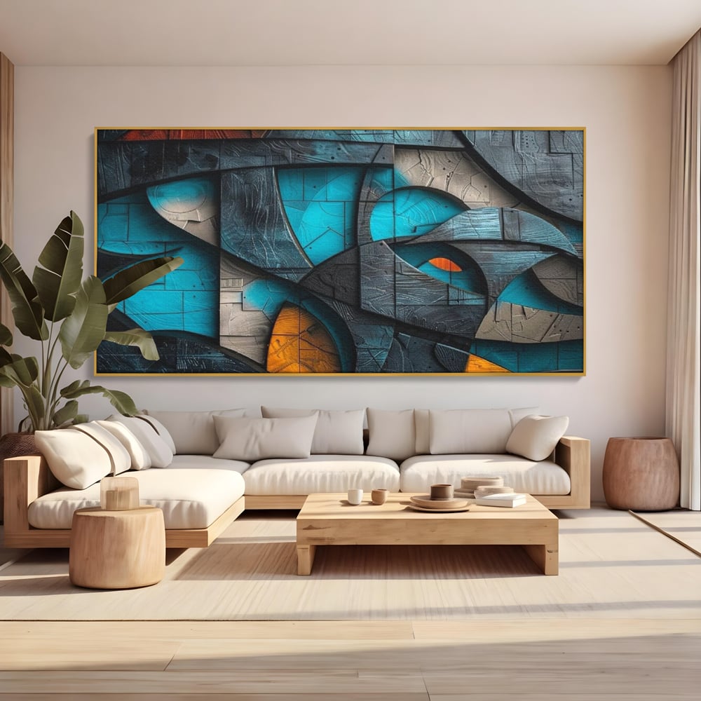 Tablou canvas cu tablou abstract cu forme geometrice din lemn, in rama de aluminiu auriu, pe perete intr-un living